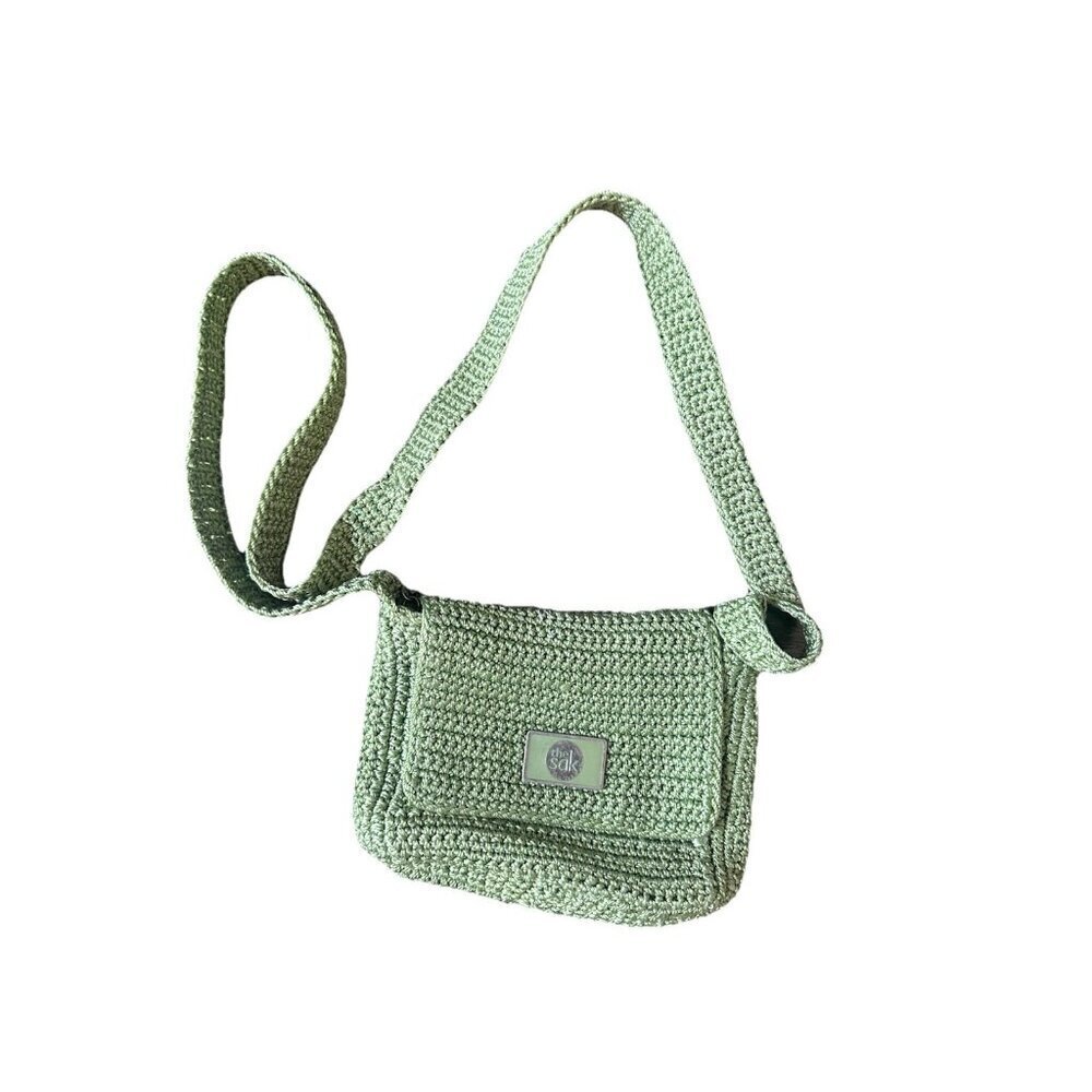 The Sak Mini Crocheted CrossBody Bag w Strap Fold Over Flap Zip Close Lime Green